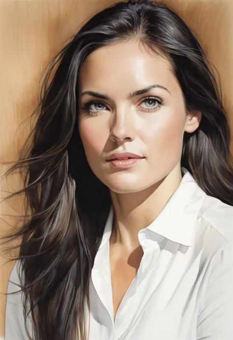 drawing of the face of a 35 year old woman,long hair,dark haired,white satin shirt