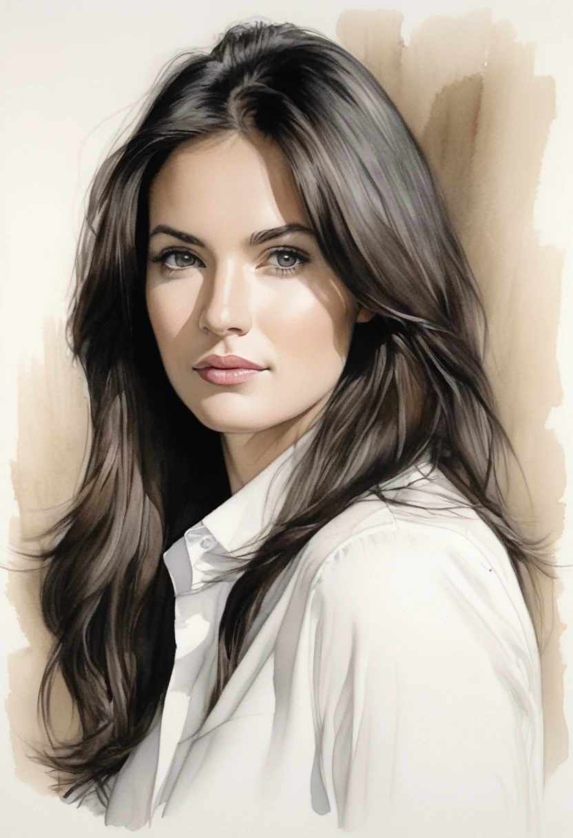 drawing of the face of a 35 year old woman,long hair,dark haired,white satin shirt