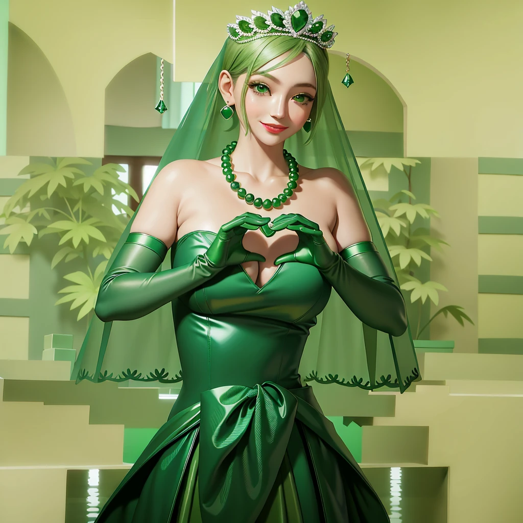 diadème émeraude, Collier de perles vertes, cheveux verts très courts de garçon, lèvres vertes, Femme japonaise souriante, cheveux très courts, Belle dame aux gros seins, yeux verts, Gants longs en satin vert, yeux verts, Boucles d&#39;oreilles émeraude, voile vert, Coeur à deux mains, cheveux verts, belles femmes japonaises, mains en forme de coeur:1.3, brillant à lèvres vert