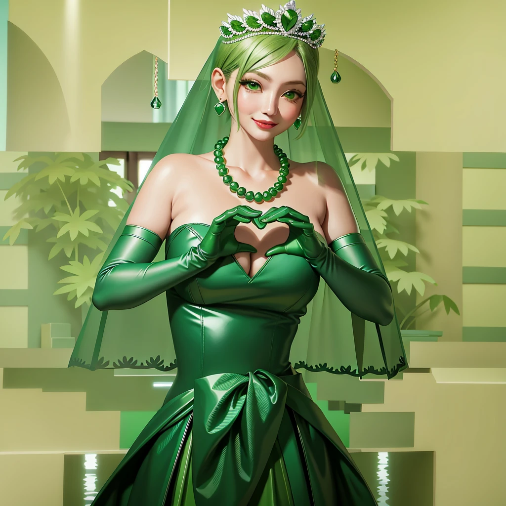 emerald tiara, colar de pérolas verdes, Cabelo verde muito curto de menino, Lábios Verdes, mulher japonesa sorridente, cabelo muito curto, Linda senhora peituda, olhos verdes, Luvas longas de cetim verde, olhos verdes, Brincos Esmeralda, Véu verde, Coração com as duas mãos, cabelo verde, Mulheres japonesas bonitas, mãos em forma de coração:1.3, brilho labial verde