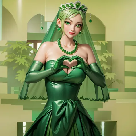 emerald tiara, Green Pearl Necklace, Boyish very short green hair, Green Lips, Smiling Japanese woman, Very short hair, Busty be...