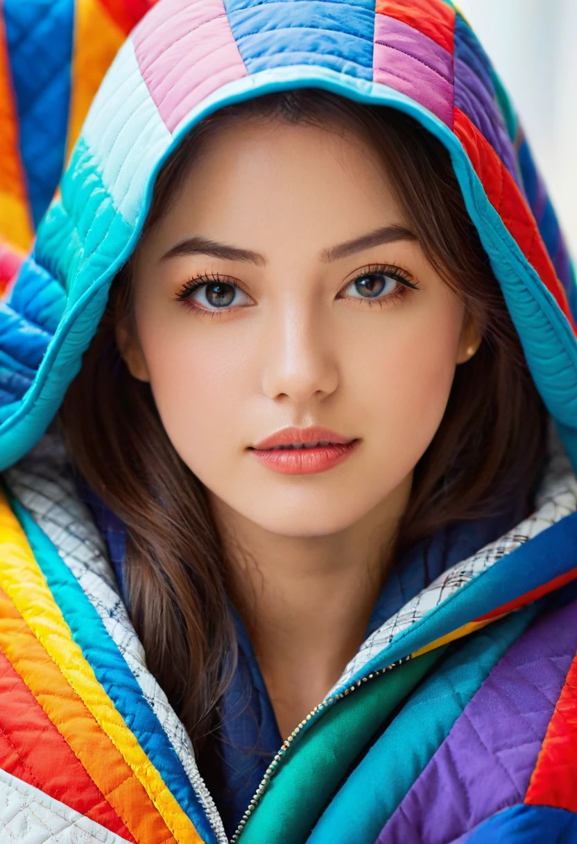 Close-up professional photo of a young woman wrapped in a colorful and warm quilt, Cel Shading, Bold outline, Flat Color, Sharp Shadows, Graphic Style, (Manga influence:1.3), Beautiful line drawing, Impressive visuals,comics