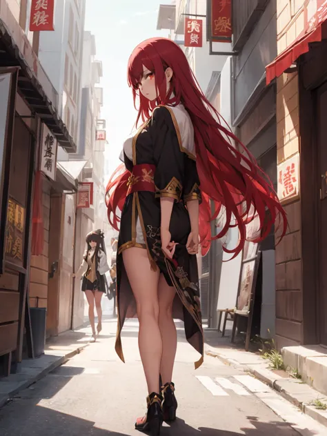  fantasy clothes, chinese inspired, {{long red hair}}, side view, walking spirte, woman, anime, {{eyes red and gold}}