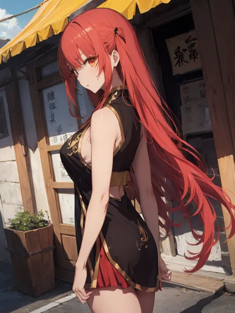  fantasy clothes, chinese inspired, {{long red hair}}, side view, walking spirte, woman, anime, {{eyes red and gold}}