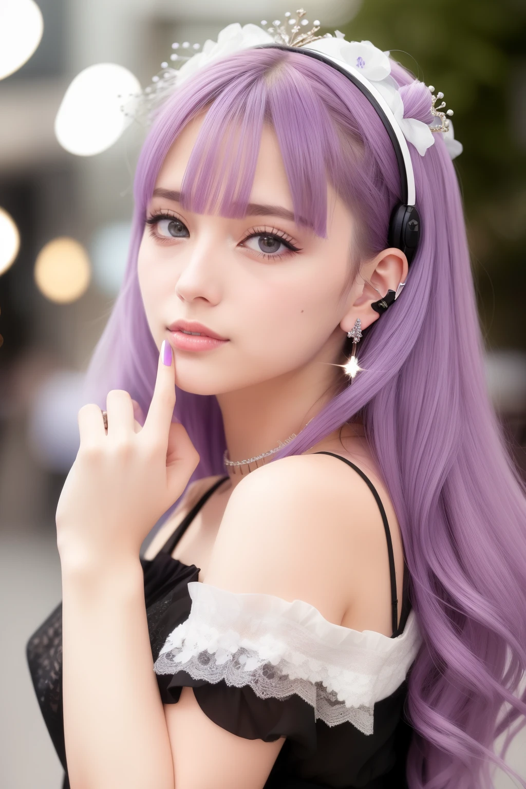 casque de musique、🎧、cheveux violet、🏴‍☠️、crâne、☠️,1 fille dans, solo, Coup moyen, Marcher à Harajuku, ((pendant la nuit)), bokeh DOF, Néon, yeux irisés, ciel étoilé, Cheveux blancs brillants, sourcils blancs, Des cheveux éclatants, des boucles d&#39;oreilles, frange, bijoux, Masques, frange émoussée, les yeux verts, masque buccal, arrière-plan flou, flou, ornements de cheveux, Regardez les téléspectateurs, cheveux long, portraits, serrures latérales