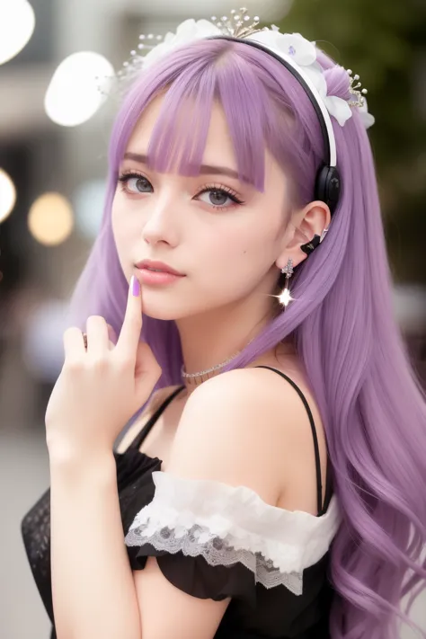 casque de musique、🎧、cheveux violet、🏴‍☠️、crâne、☠️,1 fille dans, solo, Coup moyen, Marcher à Harajuku, ((pendant la nuit)), bokeh ...