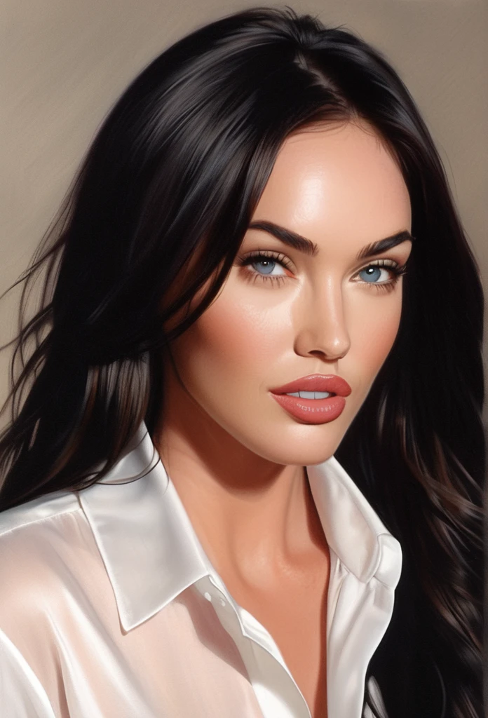 (MeganFox)drawing of the face of a 35 year old woman,long hair,dark haired,white satin shirt