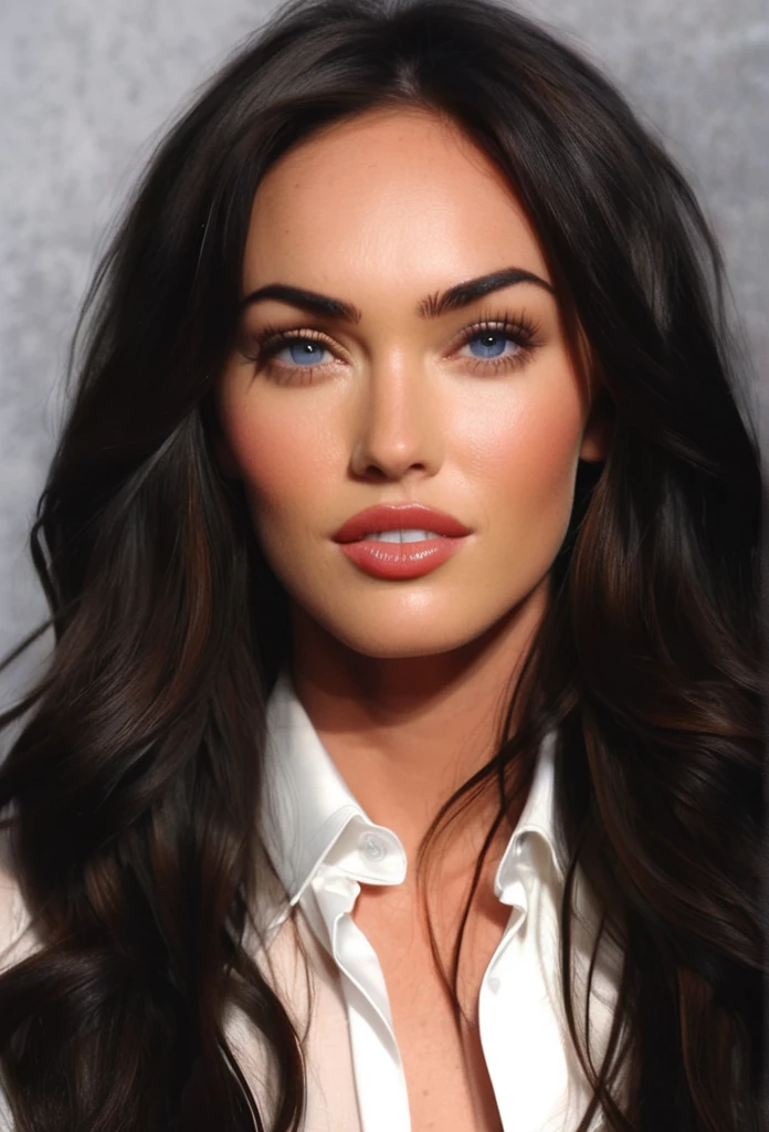 (MeganFox)drawing of the face of a 35 year old woman,long hair,dark haired,white satin shirt