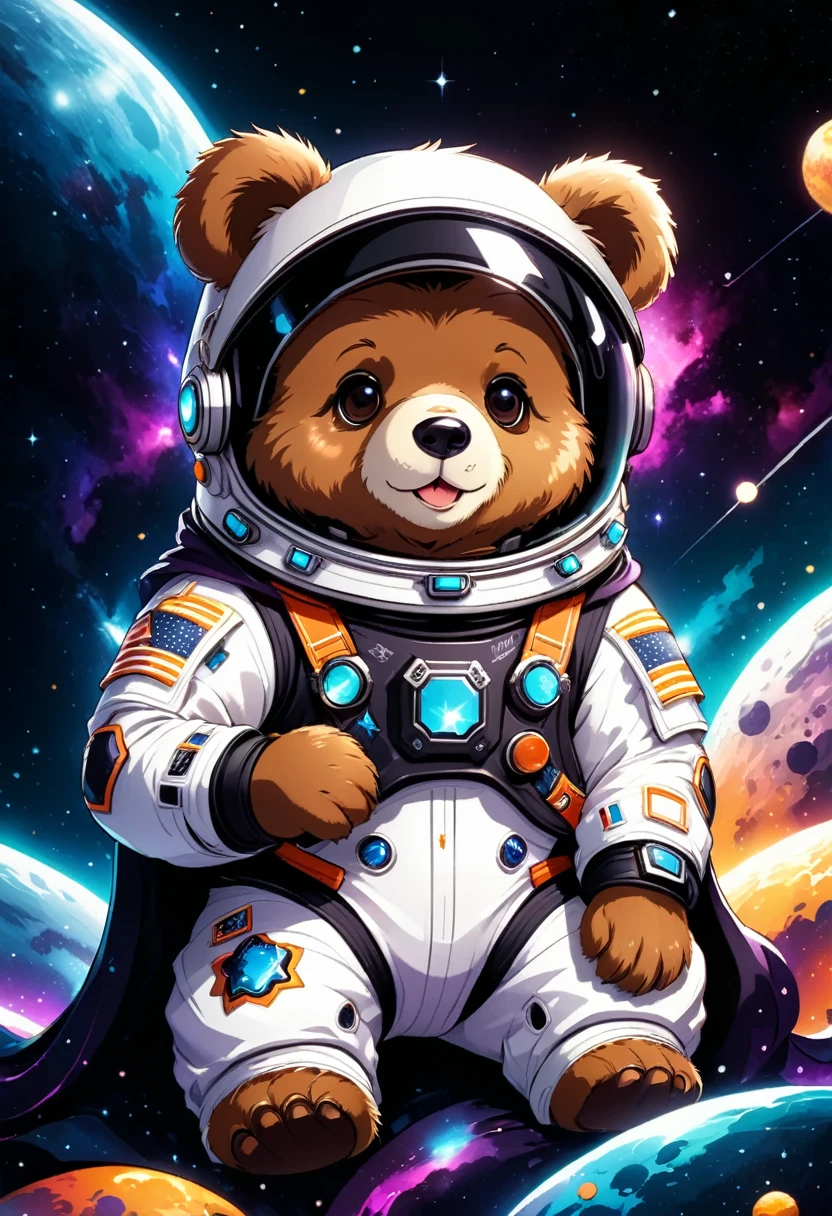 (estilo bonito dos desenhos animados:1.3), (Close up de urso fofo sentado e segurando estrelas))), (Conjunto completo de trajes espaciais legais:1.2)pelo escuro, cenário espacial épico, projeto complexo, cores vibrantes, Obras-primas em resolução de até 16K, melhor qualidade, extremamente detalhado, estética, Urso fofo sentado e segurando estrelas.