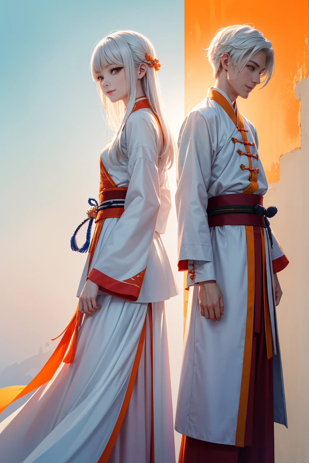 high quality , one white hair girl and one white hair boy, long hair, wuxia character, ((white clothes with blue and orange accent)), ink painting background, flat background, minimalist background, chinese wind pattern background, smiling, standing back to back