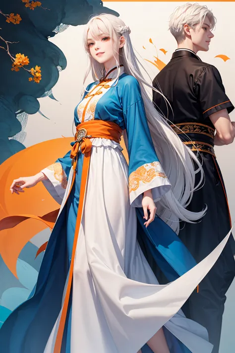 high quality , one white hair girl and one white hair boy, long hair, wuxia character, ((white clothes with blue and orange acce...