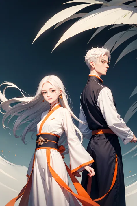 high quality , one white hair girl and one white hair boy, long hair, wuxia character, ((white clothes with blue and orange acce...