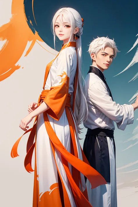 high quality , one white hair girl and one white hair boy, long hair, wuxia character, ((white clothes with blue and orange acce...