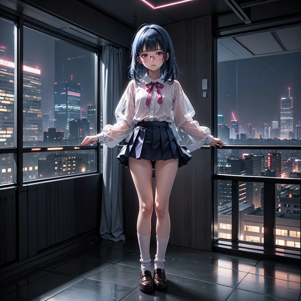 One woman（）、Glaring face、Long, blue hair、Thin glasses、White clothes、See-through shirt、ribbon、Short pleated skirt、Pink underwear、loose socks、Inside a skyscraper office at night、Spread your legs、Thin and lean legs、Both hands tied