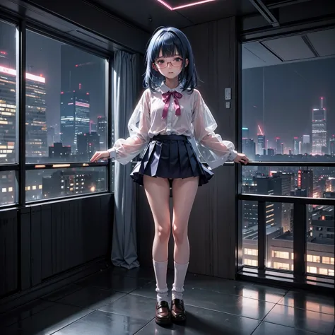 One woman（10 years old）、Glaring face、Long, blue hair、Thin glasses、White clothes、See-through shirt、ribbon、Short pleated skirt、Pin...