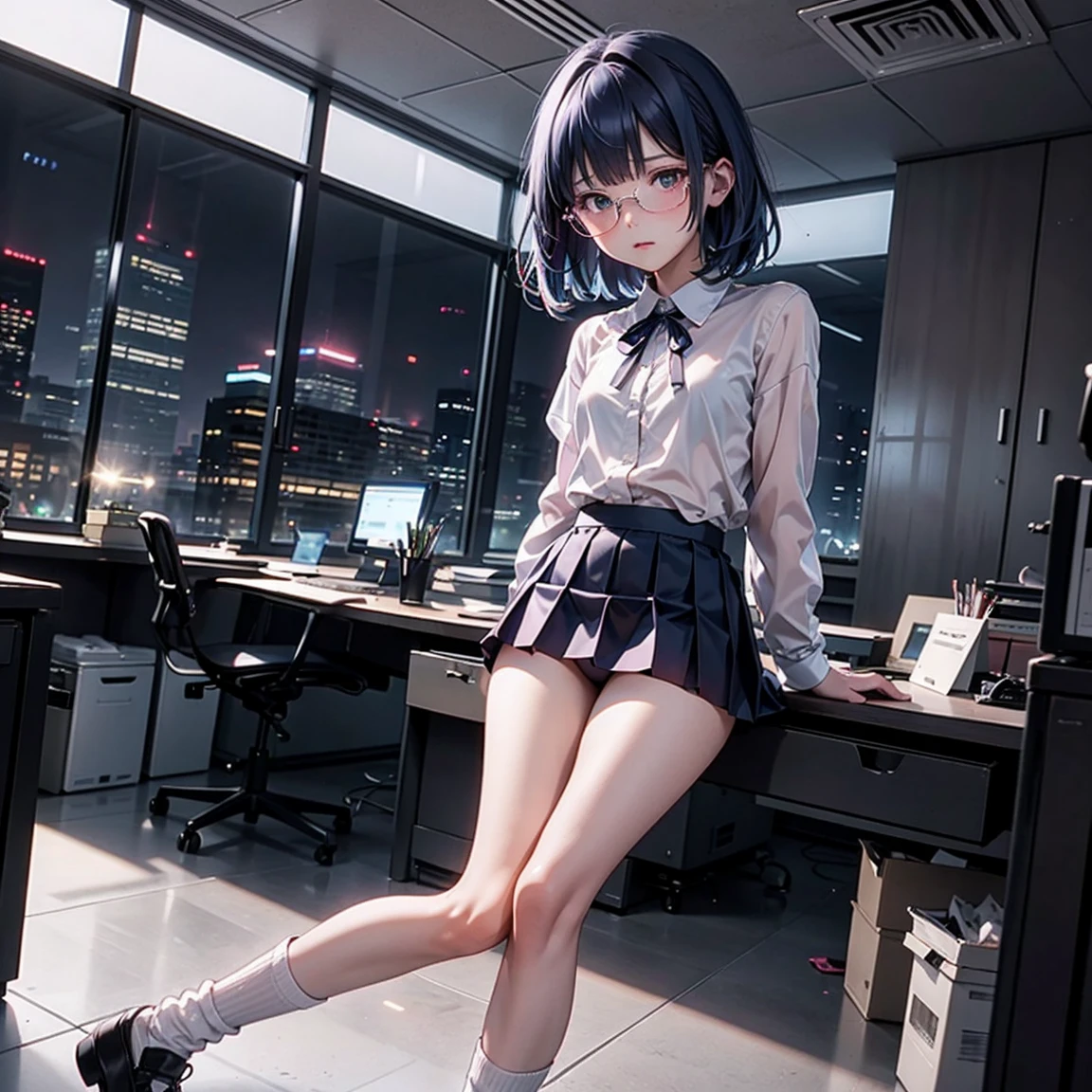 One woman（）、Glaring face、Long, blue hair、Thin glasses、White clothes、See-through shirt、ribbon、Short pleated skirt、Pink underwear、loose socks、Inside a skyscraper office at night、Spread your legs、Thin and lean legs、Both hands tied