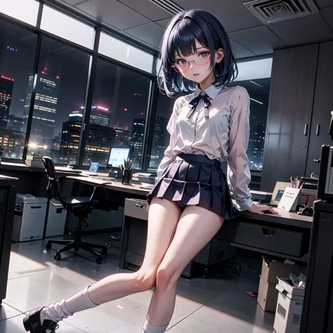 One woman（10 years old）、Glaring face、Long, blue hair、Thin glasses、White clothes、See-through shirt、ribbon、Short pleated skirt、Pin...