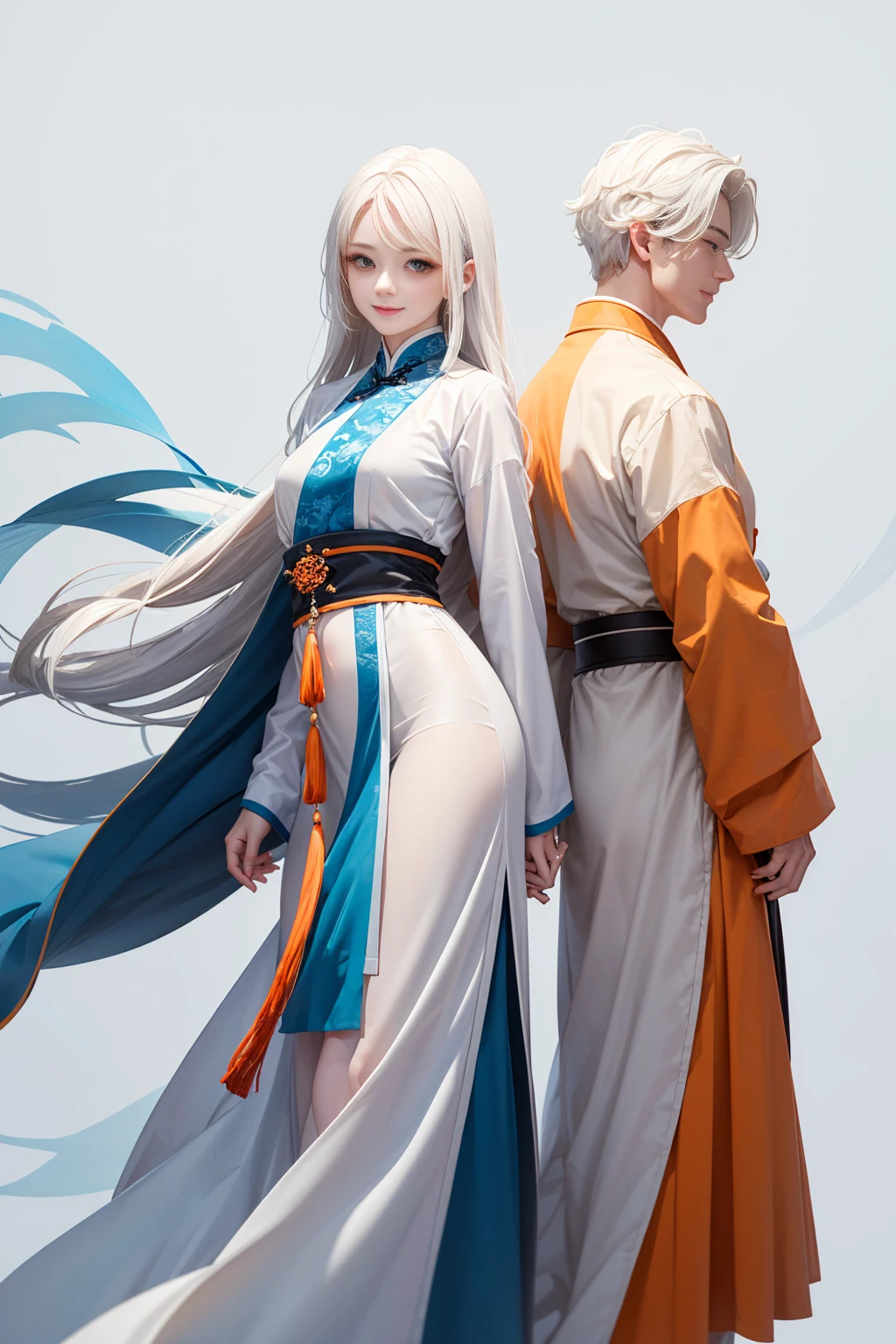 high quality , one white hair girl and one white hair man, long hair, wuxia character, ((white clothes with blue and orange accent)), ink painting background, flat background, minimalist background, chinese wind pattern background, smiling, standing back to back