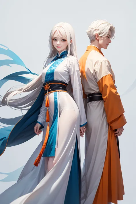 high quality , one white hair girl and one white hair man, long hair, wuxia character, ((white clothes with blue and orange acce...