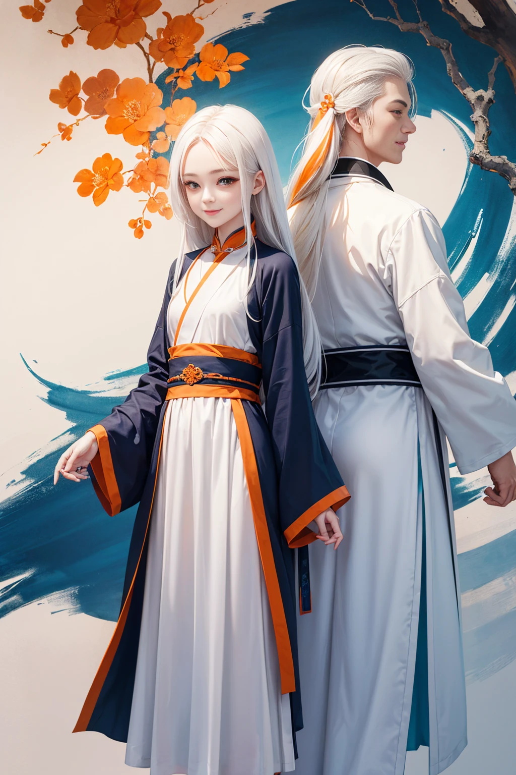 high quality , one white hair girl and one white hair man, long hair, wuxia character, ((white clothes with blue and orange accent)), ink painting background, flat background, minimalist background, chinese wind pattern background, smiling, standing back to back