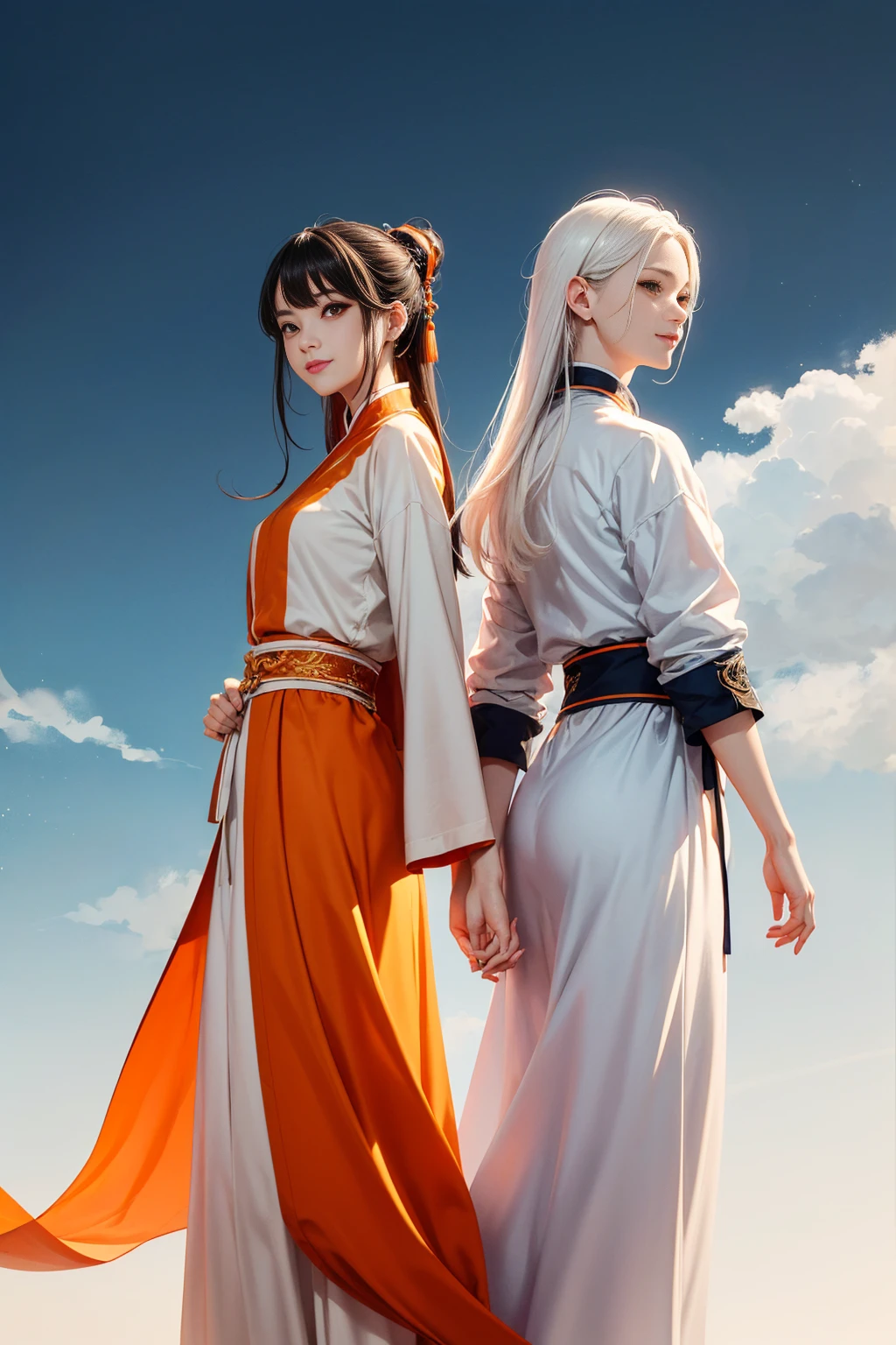 high quality , one white hair girl and one white hair man, long hair, wuxia character, ((white clothes with blue and orange accent)), ink painting background, flat background, minimalist background, chinese wind pattern background, smiling, standing back to back