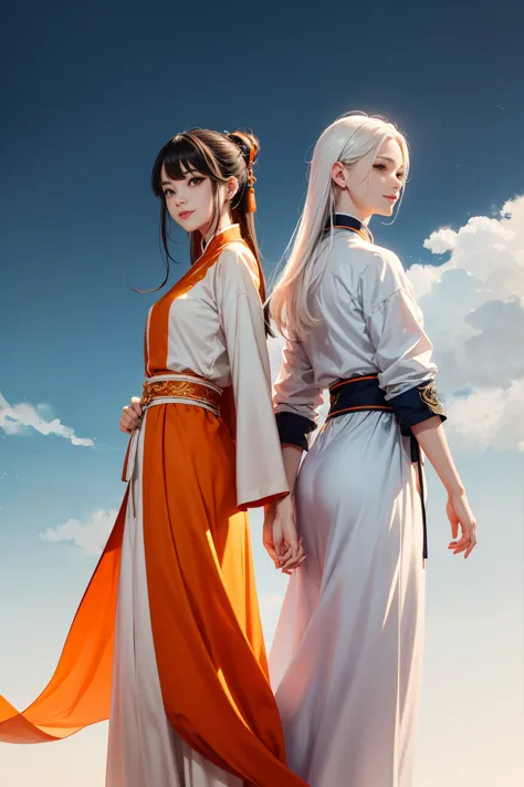 high quality , one white hair girl and one white hair man, long hair, wuxia character, ((white clothes with blue and orange acce...