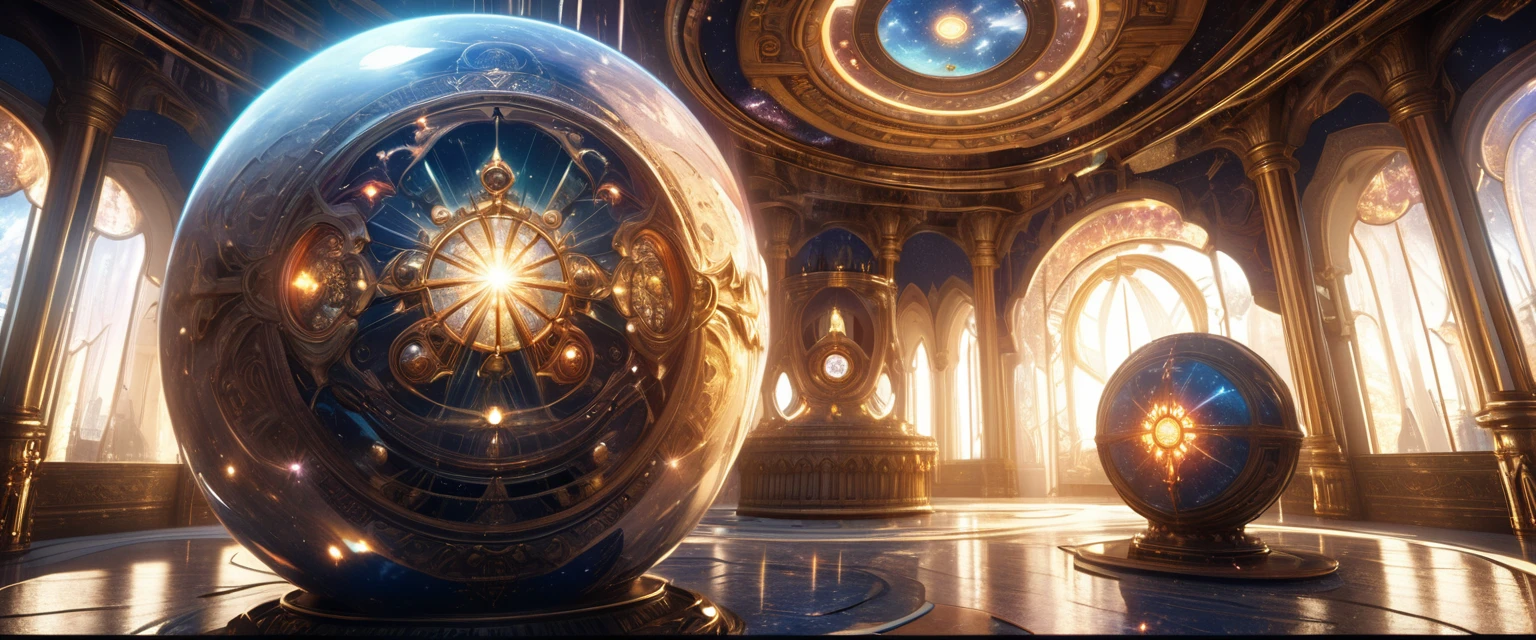 Scenes, Beautiful astrologer close up, Distorted Space, Astrology and fortune telling palace with brilliant background, Anime fantasy art.lens flare, Optical axis, Intricate details, High Detail, Volumetric Lighting, 4k Rendering, image, Surreal, Realistic textures, Dramatic Lighting, Unreal Engine