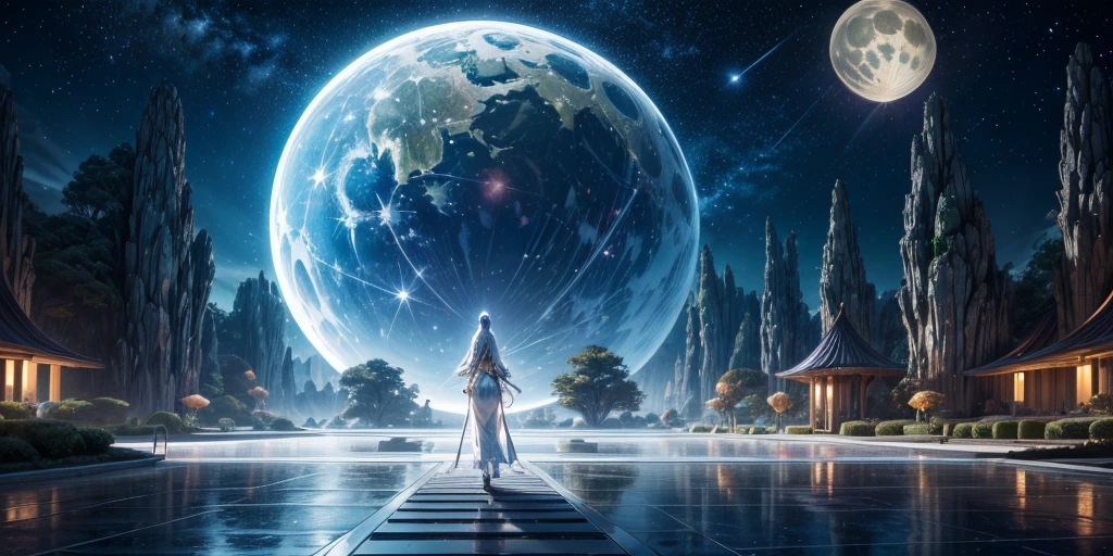 (best quality,4K,8K,high resolution,masterpiece:1.2),Extremely detailed,Practical,Outer Space,Alien Creatures,Alien Resort on the Moon,Clear sky,Huge transparent dome,Hovering spaceship,Long walkways lined with futuristic trees,Reflective surface,High-tech architecture,Water Garden,Complex buildings,There are multiple moons in the night sky,Illuminated by soft moonlight,Celestial Ornaments,Holographic Display,Cosmic music,Tourists wearing futuristic clothing,Sparkling Path,Exotic flora and fauna,Zero Gravity Zone,Milky Way Panorama,Galaxy Food,Interstellar Transport System,Colored light installation,Cosmic Cocktail,Alien language translation device,Relaxing spa treatments,Floating Hotel,Moonwalk Dance Floor,Lunar expedition,Twinkling Stars,Tidal force,Paradise,Mysterious lunar artifacts,Solar,Otherworldly sculptures,Peaceful atmosphere,Luxurious Lunar New Year ,Zero pollution environment,First-class beachfront,Exciting beach activities,Giant Moon Crystal,Lunar Rover Tour,Enchanting Moon Garden,Stunning lunar landscape,Interstellar communication equipment,Luminous Moonlight Resort.