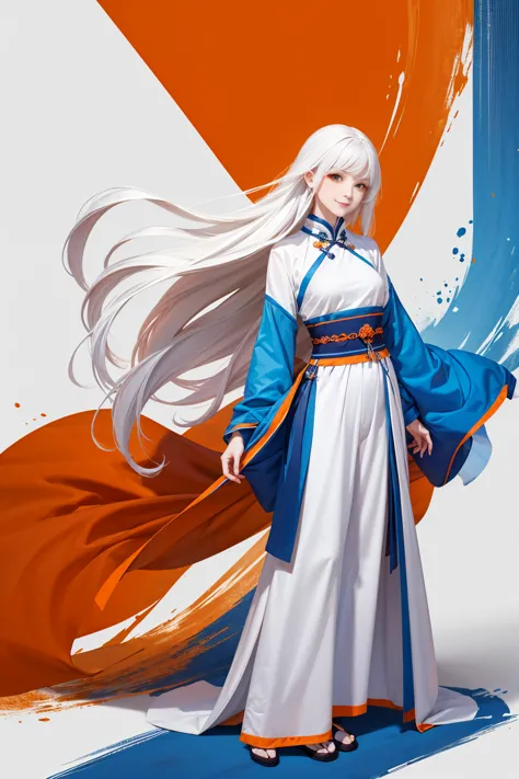 high quality , one white hair girl and one white hair man, long hair, wuxia character, ((white clothes with blue and orange acce...