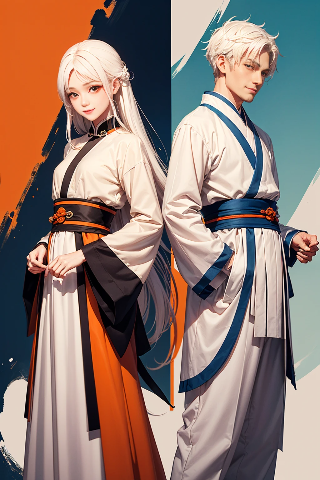 high quality , one white hair girl and one white hair man, long hair, wuxia character, ((white clothes with blue and orange accent)), ink painting background, flat background, minimalist background, chinese wind pattern background, smiling, standing back to back