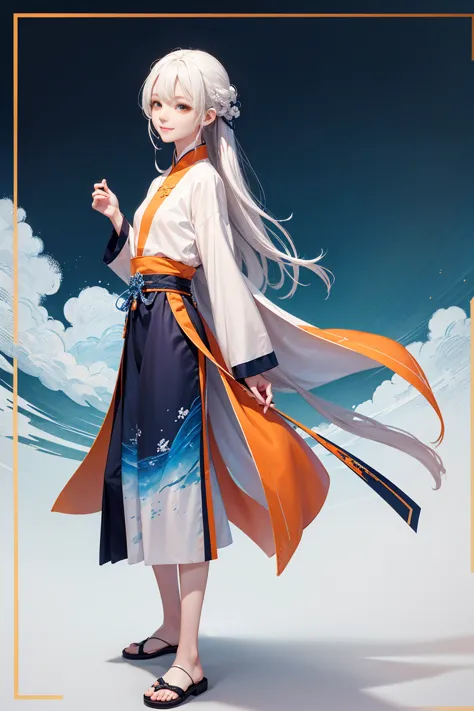 high quality , one white hair girl and one white hair man, long hair, wuxia character, ((white clothes with blue and orange acce...