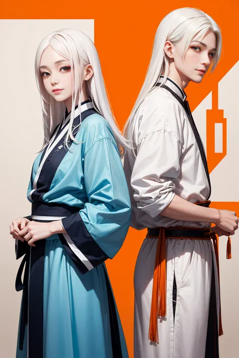 high quality , one white hair girl and one white hair man, long hair, wuxia character, ((white clothes with blue and orange acce...