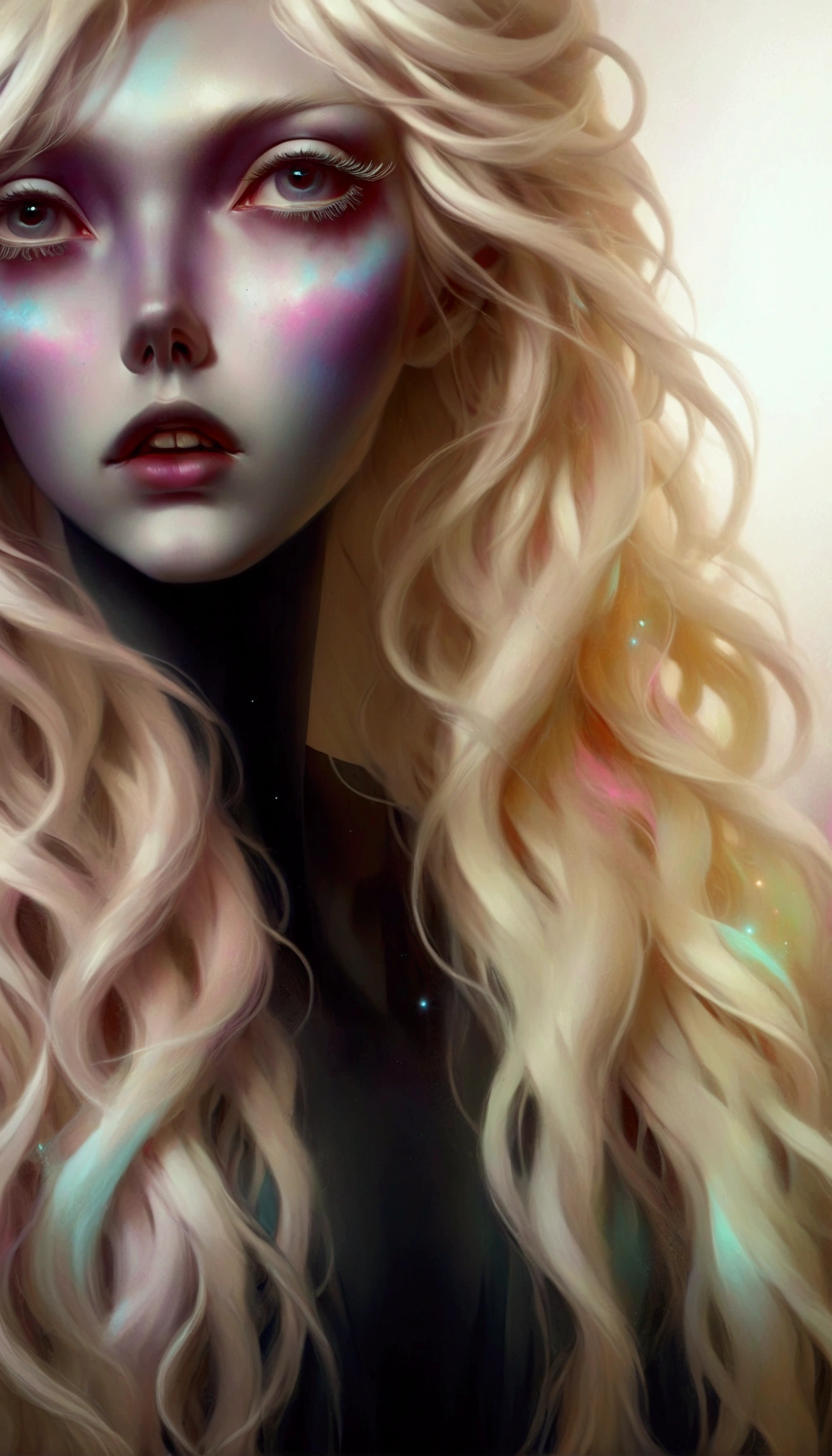 eine Nahaufnahme einer Frau mit langen Haaren und einem bunten Gesicht, artwork in the style of guweiz, Haar aus schimmernden Geistern, guweiz, Ilya Kuvshinov mit langen Haaren, guweiz masterpiece, unordentliches blondes Haar, mit langen blonden Haaren, glänzendes, wallendes Haar, ein Mädchen mit blonden Haaren, langes, glänzendes, ätherisches Haar