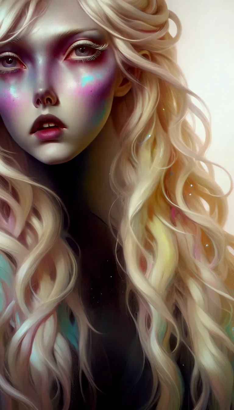 a close up of a woman with long hair and a colorful face, artwork in the style of guweiz, hair made of shimmering ghosts, guweiz...