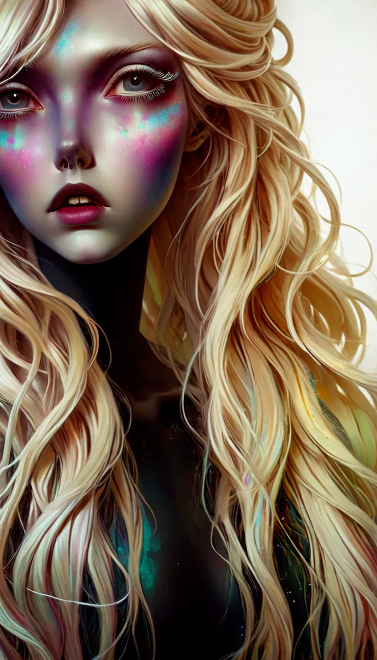 a close up of a woman with long hair and a colorful face, artwork in the style of guweiz, hair made of shimmering ghosts, guweiz...