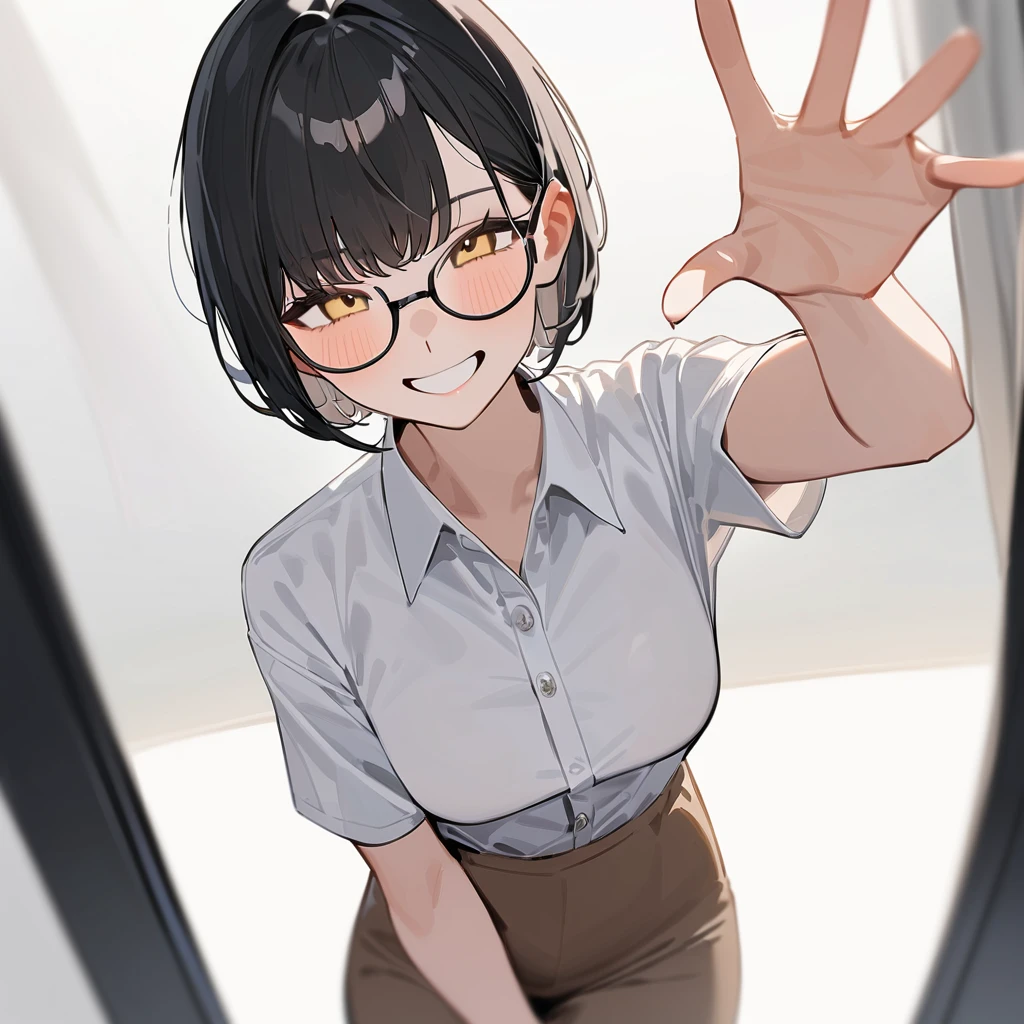 masterpiece, Highest quality, so beautiful, Absurd,
One girl, alone, Black Hair, Bobcut,
Thermont 16A, Glasses, 
Collared shirt, Happy, smile, View your viewers, Glassesの調整, White Background, Simple Background,
 