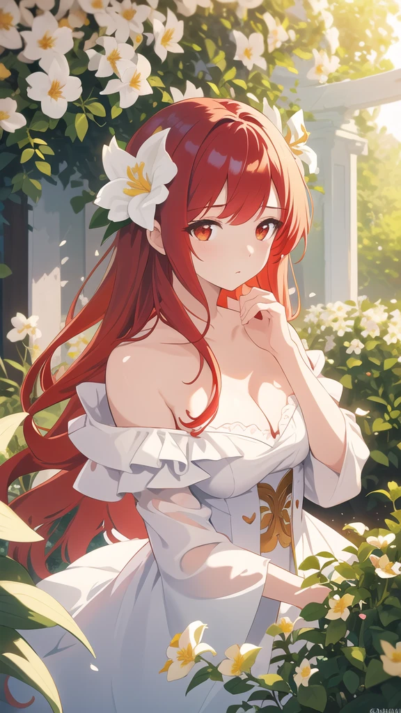 masterpiece, best quality, sunlight, white jasmine, petals, garden, outdoors, 1girl, solo, cleavage, off-shoulder, expressionless, (red hair), long hair, {{{Eye red and gold}}},head flower, (hiten1:0.8), detailed hands