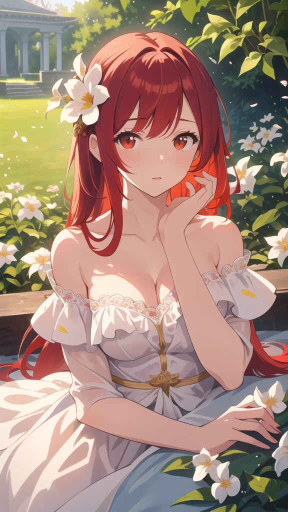 masterpiece, best quality, sunlight, white jasmine, petals, garden, outdoors, 1girl, solo, cleavage, off-shoulder, expressionless, (red hair), long hair, {{{Eye red and gold}}},head flower, (hiten1:0.8), detailed hands