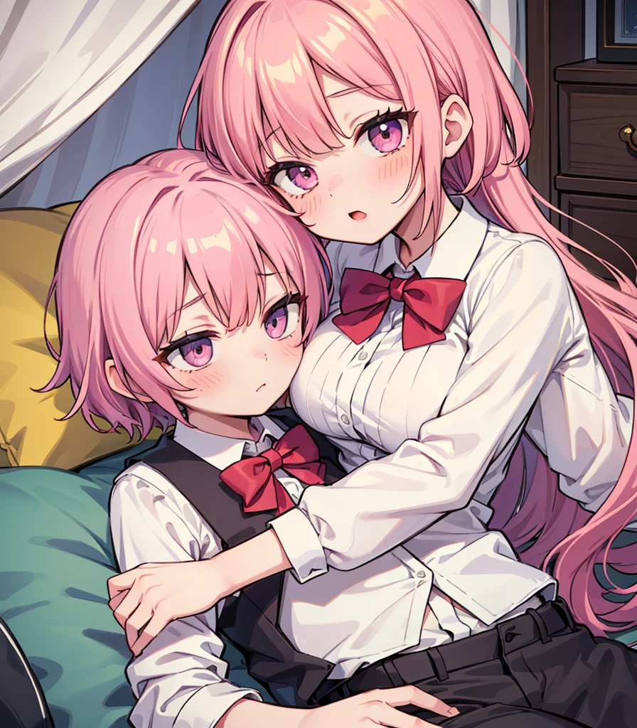 masterpiece, Highest quality, so beautiful, absurdists,High resolution,One girl, One boy,Cuddling in bed, like,sexly,Look at each one, blush,Age difference,bow tie,blondes,chest,Long Hair,Pink Hair,Tucked in shirt,short hair,skirt,Tent shirt,Slut,Big breasted sister and brother,Siblings, trousers,Pushing her big tits against her brother,(My brother&#39;s small erect penis),((((姉のvery huge breasts,Sister crushes her big  in her brother&#39;s face)))),(((((Very huge breasts))))),(((((small penis,NSFW,Soft Very HUGE breasts))))),((Bursting Breasts,弟の顔を隠すHuge breasts)),((((((((Huge breasts,Large Breasts,とてもLarge Breasts、すごくLarge Breasts、とてつもなくLarge Breasts)))))))),Two people gazing at each other,puffy nipples