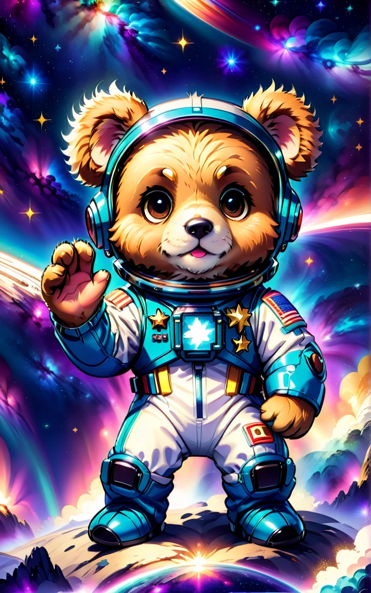 (Cute cartoon style:1.3), (Close up of cute bear sitting and holding stars in his hands), (Full set of cool space suits:1.2)Nice fur, Epic space scenery, Complex design, Vibrant colors, Masterpieces in up to 16K resolution, best quality, Extremely detailed, aesthetics, Cute bear sitting and holding stars.