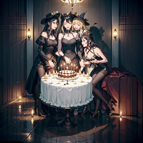 5girl, birthday , orgy, all , , lesbians, black hair, birthday hats, latinas, , cake, kissing lips, birthday background, far awa...