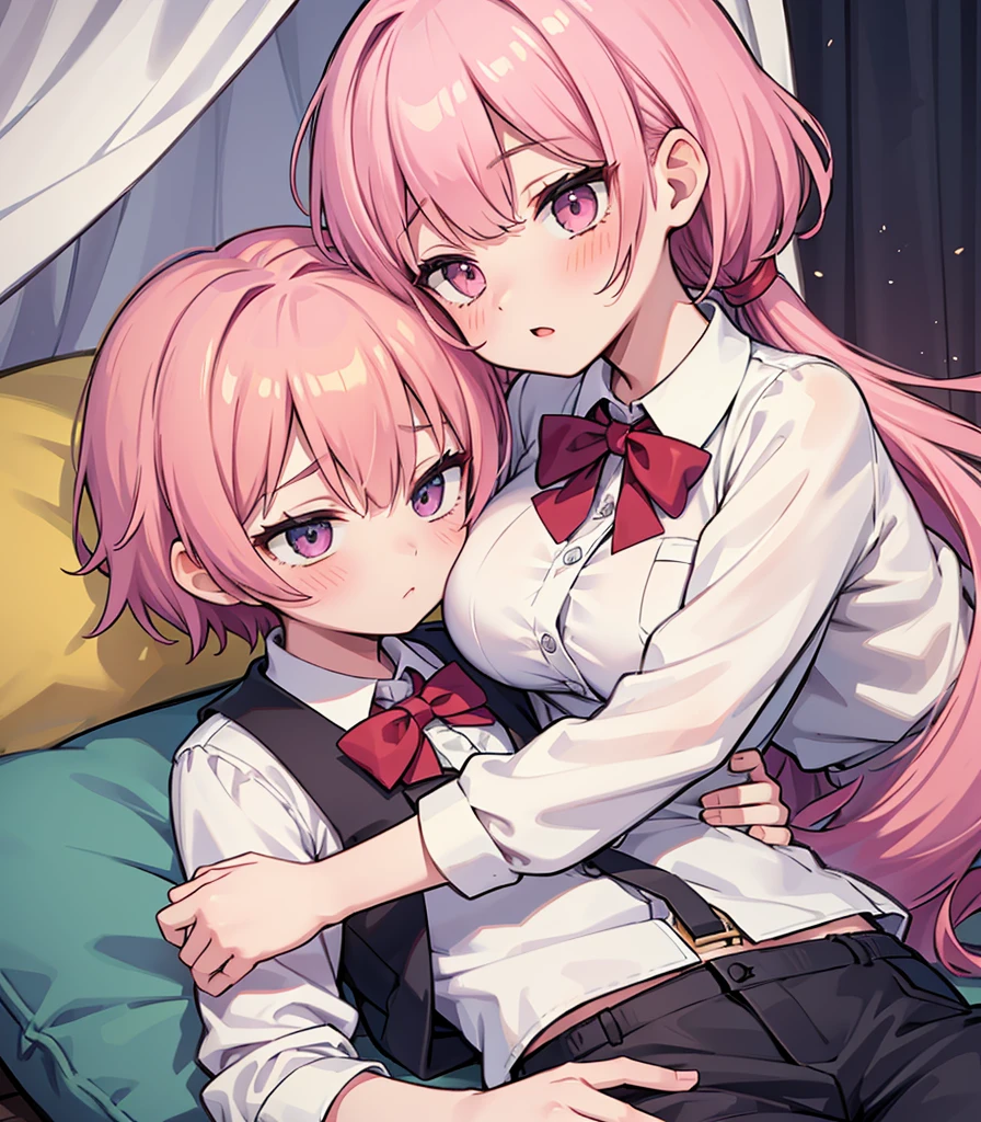 masterpiece, Highest quality, so beautiful, absurdists,High resolution,One girl, One boy,Cuddling in bed, like,sexly,Look at each one, blush,Age difference,bow tie,blondes,chest,Long Hair,Pink Hair,Tucked in shirt,short hair,skirt,Tent shirt,Slut,Big breasted sister and brother,Siblings, trousers,Pushing her big tits against her brother,(My brother&#39;s small erect penis),((((姉のvery huge breasts,Sister crushes her big  in her brother&#39;s face)))),(((((Very huge breasts))))),(((((small penis,NSFW,Soft Very HUGE breasts))))),((Bursting Breasts,弟の顔を隠すHuge breasts)),((((((((Huge breasts,Large Breasts,とてもLarge Breasts、すごくLarge Breasts、とてつもなくLarge Breasts)))))))),Two people gazing at each other,puffy nipples