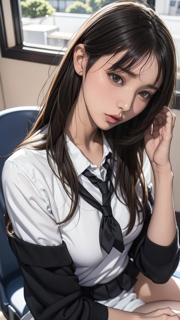 a girl,student,sitting on a desk,facing the camera,rested her chin on one hand,beautiful eyes,black and white school uniform,in summer,hair band,