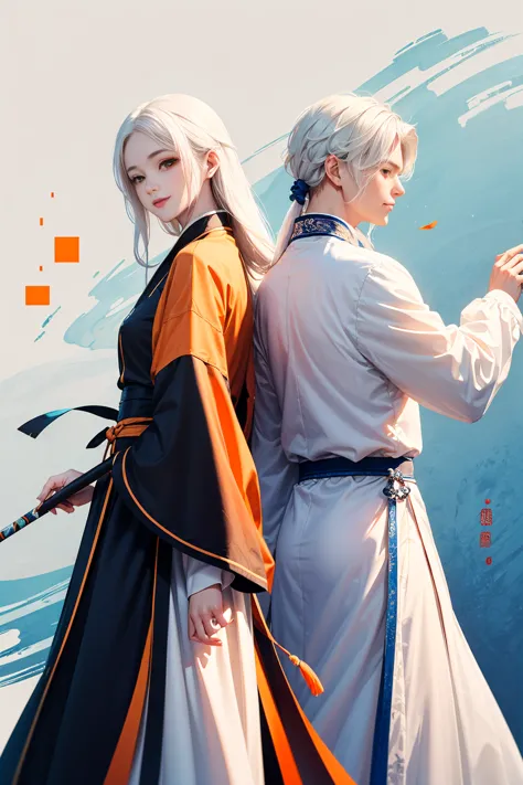 high quality , one white hair girl and one white hair boy, long hair, wuxia character, ((white clothes with blue and orange acce...