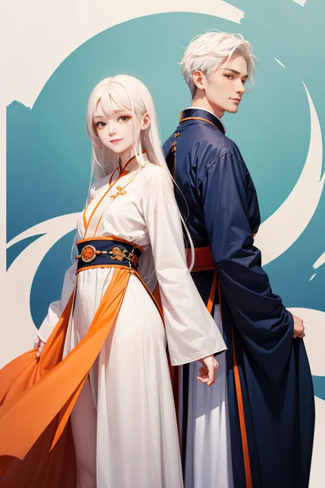 high quality , one white hair girl and one white hair boy, long hair, wuxia character, ((white clothes with blue and orange acce...