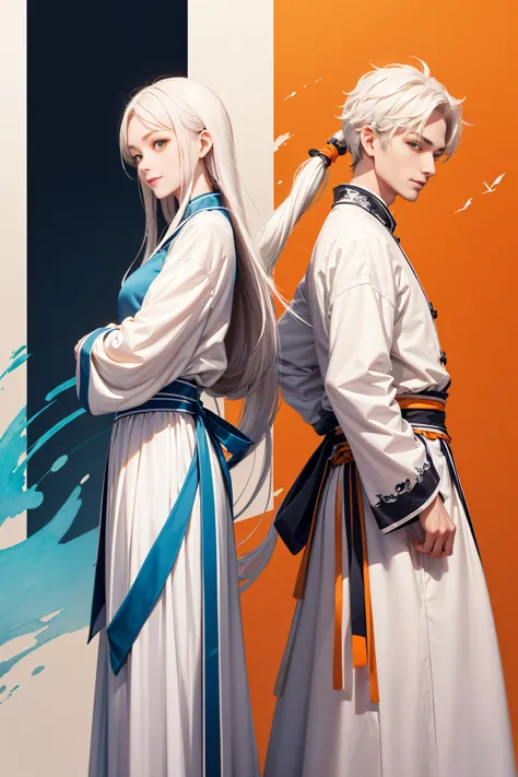 high quality , one white hair girl and one white hair boy, long hair, wuxia character, ((white clothes with blue and orange acce...