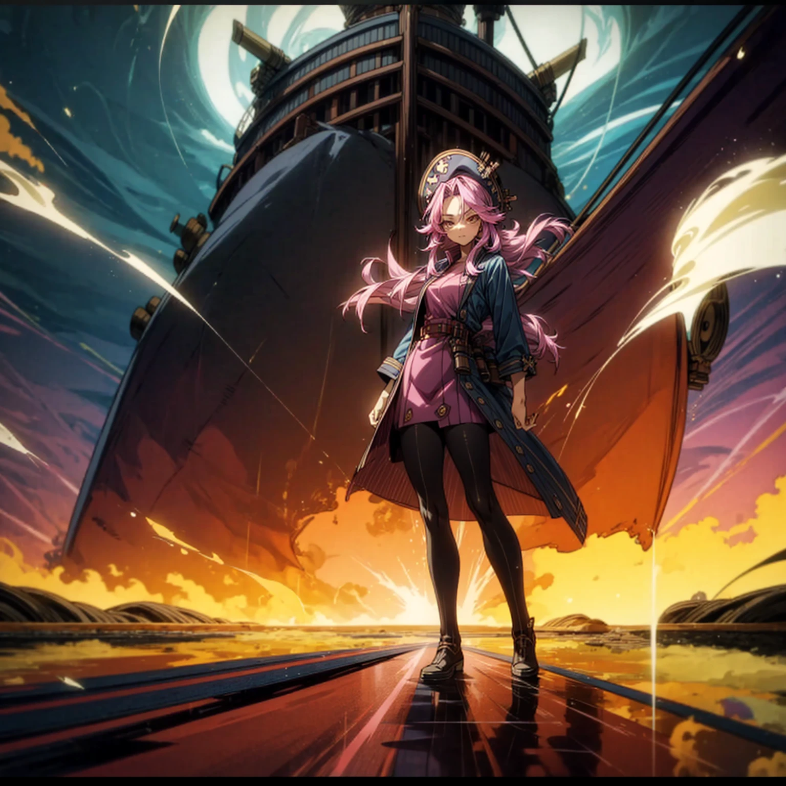 1girl, Full body version, 1character, adult girl version, gold eyes color, long haircut, pink colour hair, queen style clothing, blue colour clothing, pirate hat, sword in hand, Grassroots, background in Pirate Ship, motion blur, (Hunter x Hunter style), standing gesture, (low angle view) , aura effect, lighting aura, smoke effect, lighting sun, sun, plasma effect, aura body, 