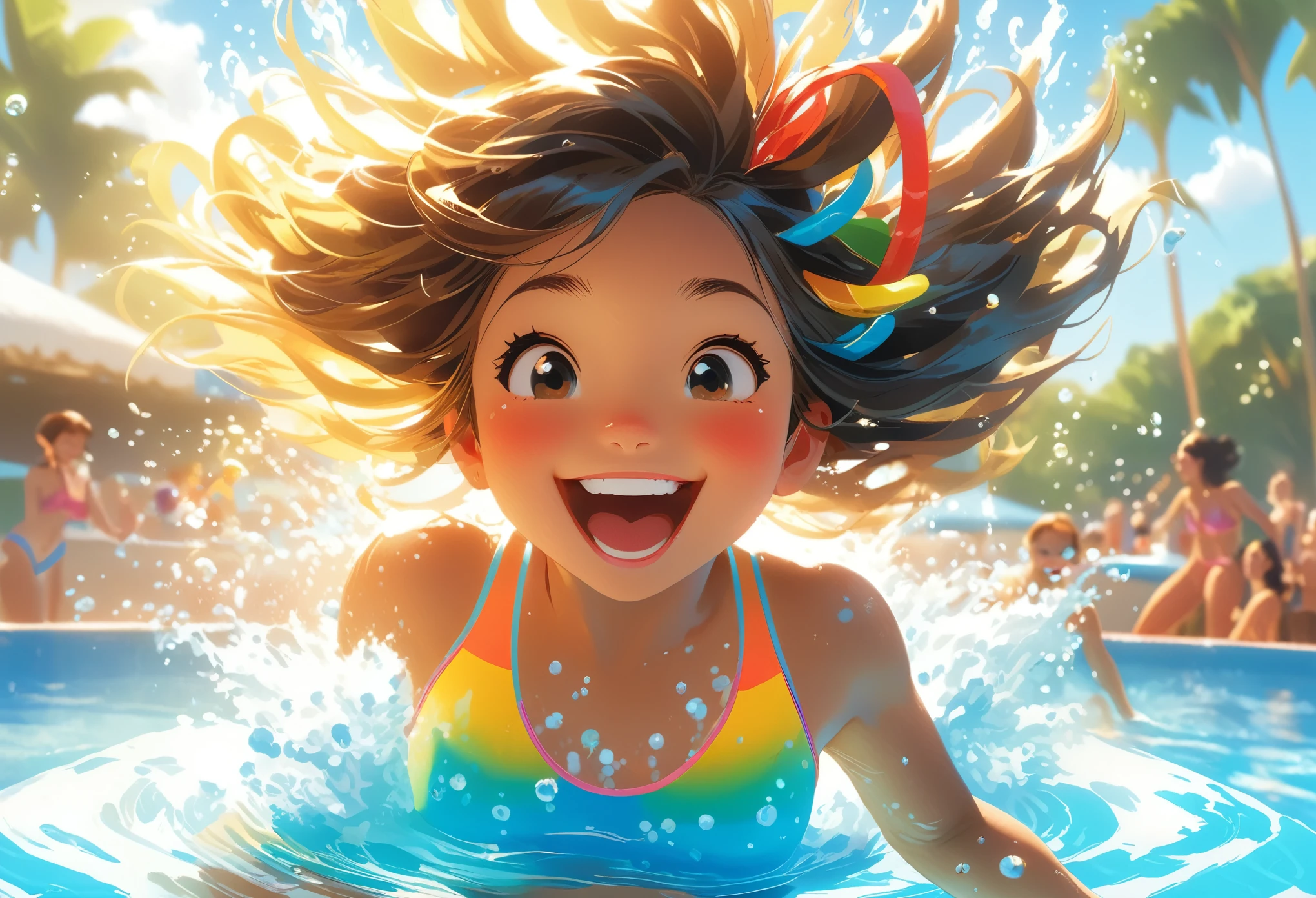 La ilustración está dominada por una piscina interior brillante y espaciosa. El agua es cristalina., brillando bajo el reflejo de los rayos del sol. BREAK En la escena se representa a una niña, Llena de energía, jugando alegremente en una piscina . Ella corretea por ahí, ocasionalmente salpicando agua, su gran sonrisa irradia felicidad. Su pelo, mojado y reluciente, tiene gotas de agua goteando desde ella. BREAK Su traje de baño, vibrante con colores de verano, refleja su personalidad vivaz y animada. Alrededor de ella, las salpicaduras de agua se dispersan en sincronía con sus movimientos, enfatizando su velocidad y energía.,kemono