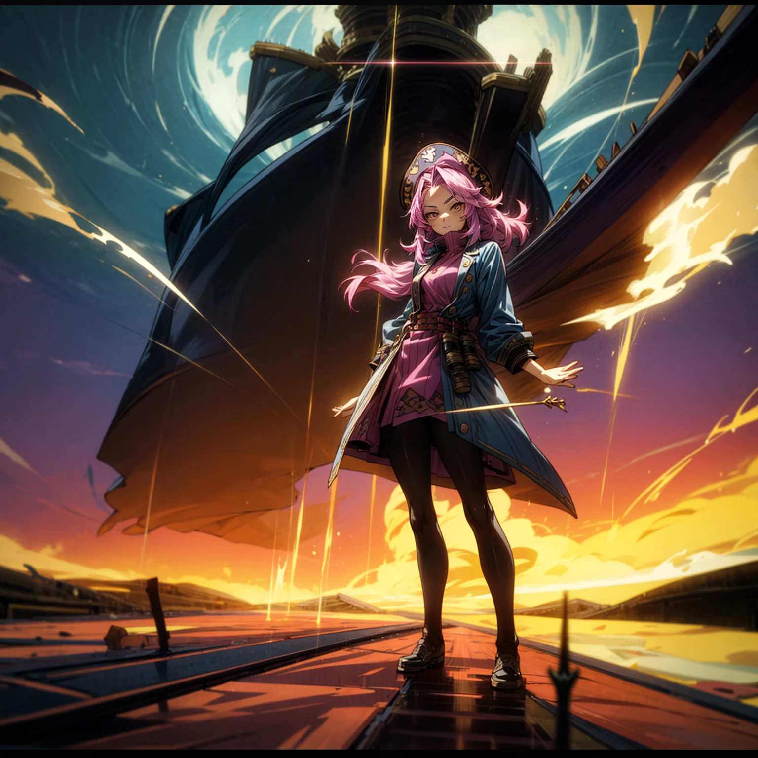 1girl, Full body version, 1character, adult girl version, gold eyes color, long haircut, pink colour hair, queen style clothing, blue colour clothing, pirate hat, sword in hand, Grassroots, background in Pirate Ship, motion blur, (Hunter x Hunter style), standing gesture, (low angle view) , aura effect, lighting aura, smoke effect, lighting sun, sun, plasma effect, aura body, 