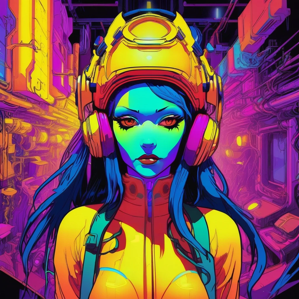 portrait | wide angle shot of eyes off to one side of frame, tech cyborg demon woman, long long hair, looking off in distance ::8 style | daydreampunk with glowing skin and eyes, styled in headdress, beautiful, she is dripping in neon warm neon lights, very colorful yellow, red, violet, bioluminescent, glowing ::8 background | cyberpunki alley, vivid neon wonderland, sparkles, particles, blue, green, purple ::7 parameters | rule of thirds, golden ratio, assymetric composition, hyper- maximalist, octane render, photorealism, cinematic realism, unreal engine, 8k